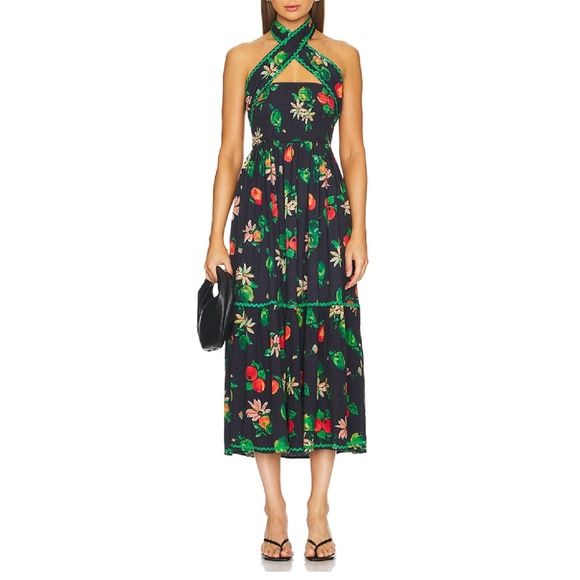 Floral Halter Midi Dress - Black and Green - Picture 1 of 7
